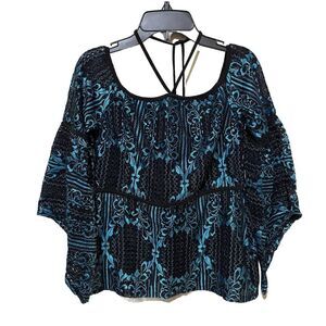 Y2K Sheer Floral Top Lace Print Fairy Witchy Whimsigoth Size Small S Teal Black